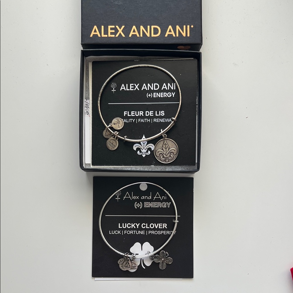 2 Alex and Ani Silver Charm Bracelets with Fleur de Lis and Clover